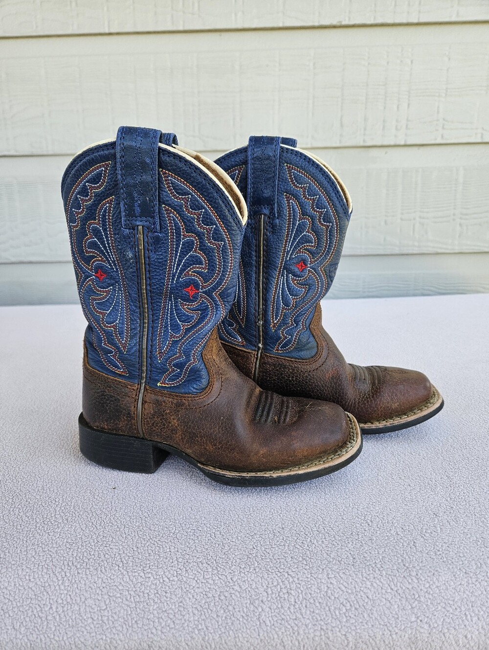 Ariat Quickdraw Western Cowboy Boot Boys Toddler SZ 8 Brown Blue Leather Rodeo